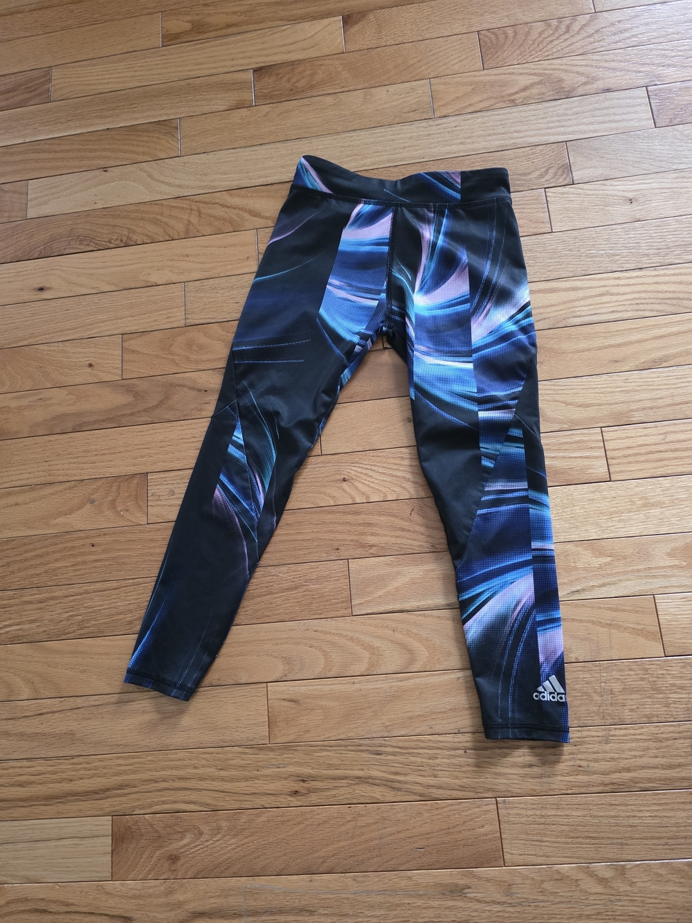 adidas Girls Black Leggings with Blue & Purple Swirl Print